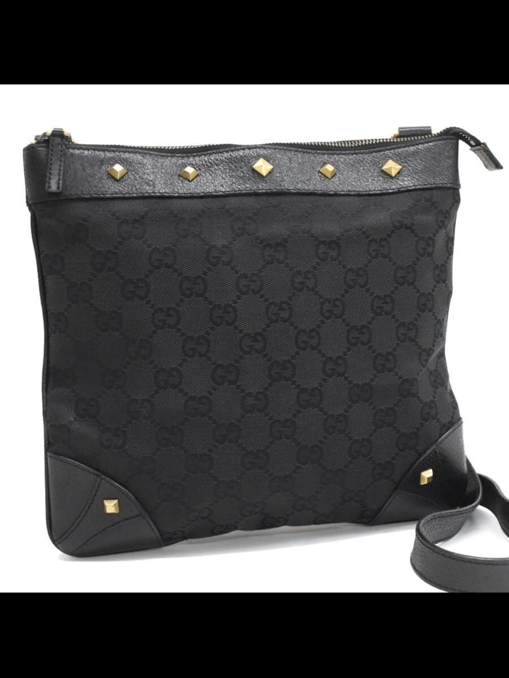 Gucci Black GG Canvas Messenger Bag with Gold Stud Accents